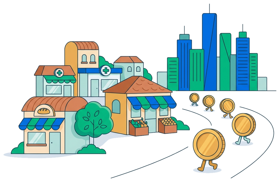 Ilustração: moedas com pernas deixando o comércio da cidade rumo à cidade grande